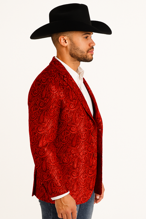 Mens Notch Lapel Paisley Blazer Red