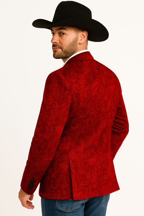 Mens Notch Lapel Paisley Blazer Red