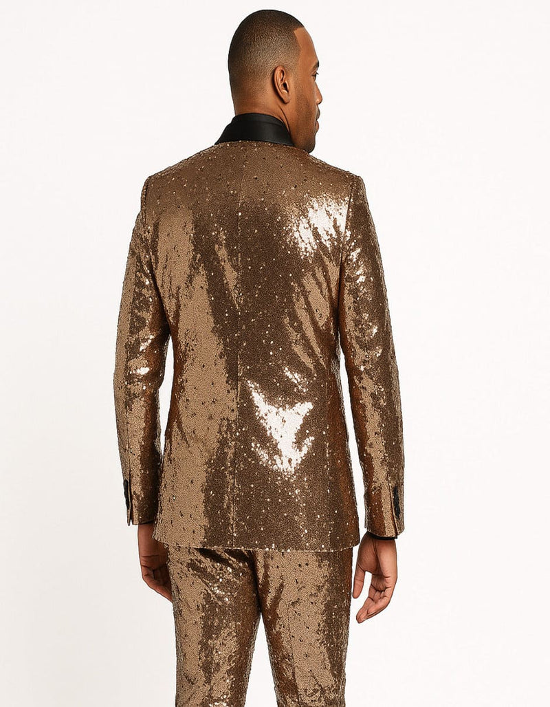 Men's Rose Gold Sequin Tuxedo Suit with Black Satin Lapel â€“ Luxury Slim Fit Blazer for Parties and Events