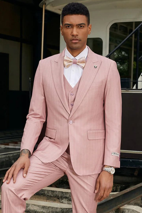 Men's Stacy Adams One Button Vested Modern Pinstripe Rose Pink Suit