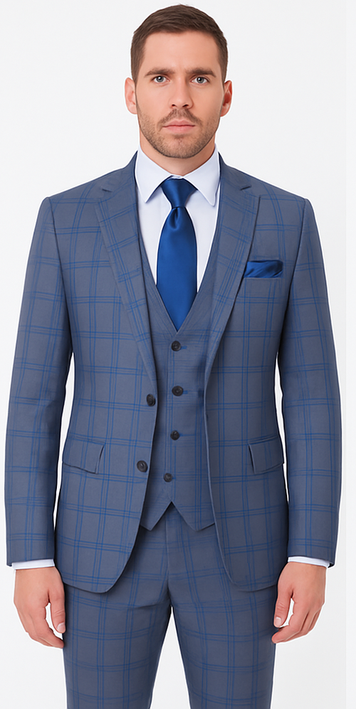 Rossi Man MAX RM1823 Slim Fit 3-Piece Blue Plaid Suit – Tailored for Weddings & Business