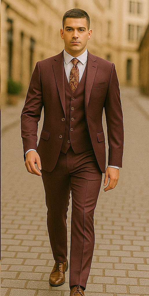 Rossiman Burgundy Suit for Men – Peak Lapel 1-Button Jacket & Double-Breasted Vest