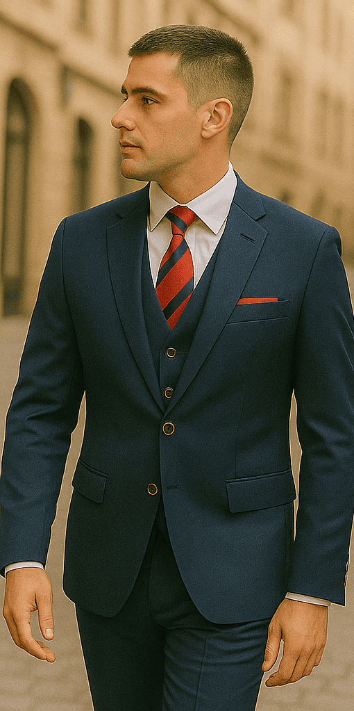 Rossiman Navy Blue Suit for Men – Classic 1-Button Peak Lapel Jacket & Double-Breasted Vest