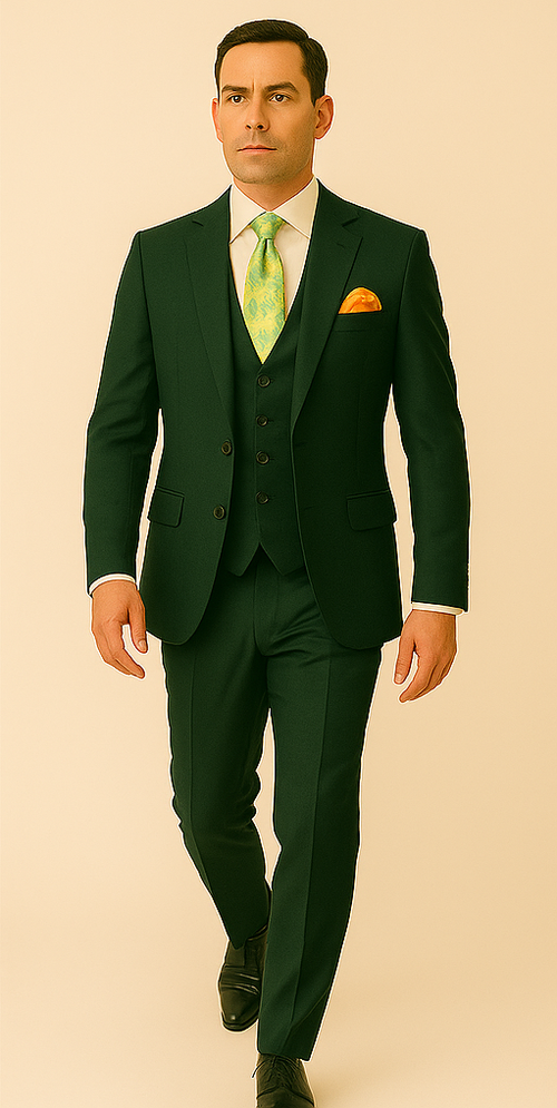 Rossiman Hunter Green Slim Fit Men's Suit – 3-Piece Vested Set with Flat Front Trousers