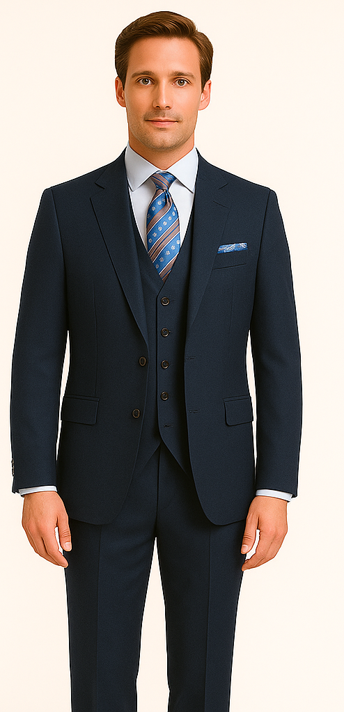 Rossiman Men’s Formal Blue Suit – Slim Fit Design with Vest and Trousers