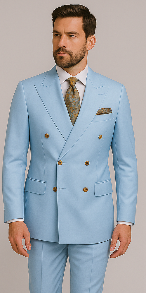 Rossiman Menâ€™s Light Blue Slim Fit Suit â€“ Elegant Double-Breasted Design