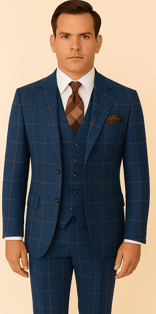Rossiman Mens Navy & Gray Plaid Suit - Classic Windowpane Double-Breasted Design