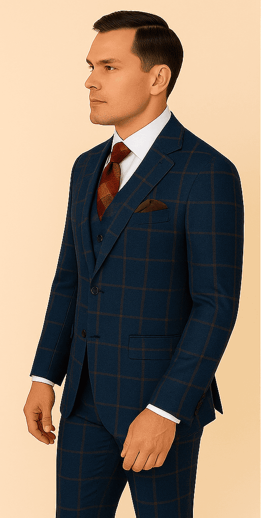 Rossiman Mens Navy & Gray Plaid Suit - Classic Windowpane Double-Breasted Design