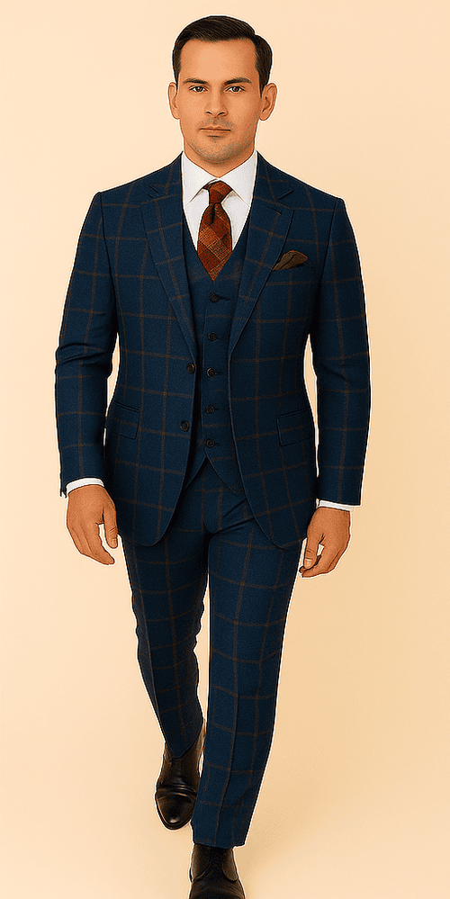 Rossiman Men’s Navy & Gray Plaid Suit – Classic Windowpane Double-Breasted Design