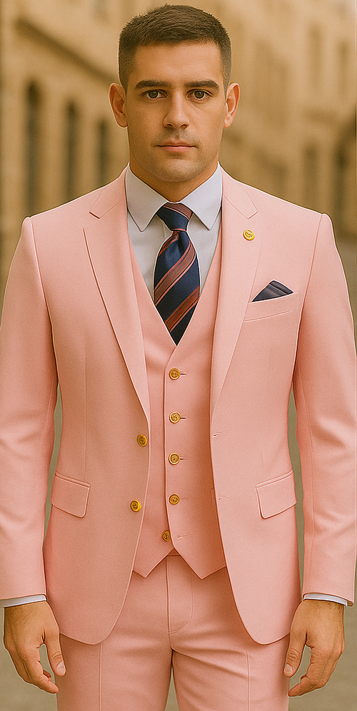 Rossiman Men's Pink Suit â€“ 1-Button Peak Lapel Jacket & Double-Breasted Vest
