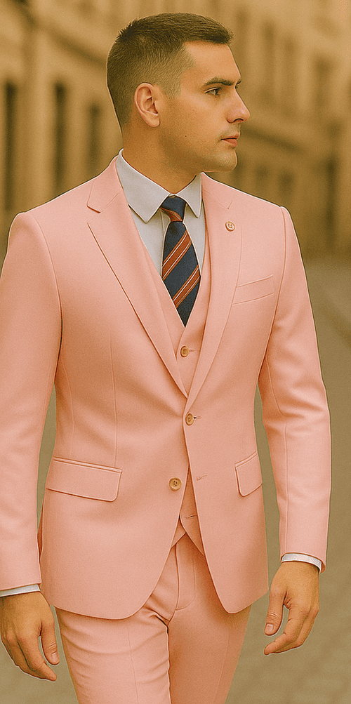 Rossiman Men's Pink Suit – 1-Button Peak Lapel Jacket & Double-Breasted Vest