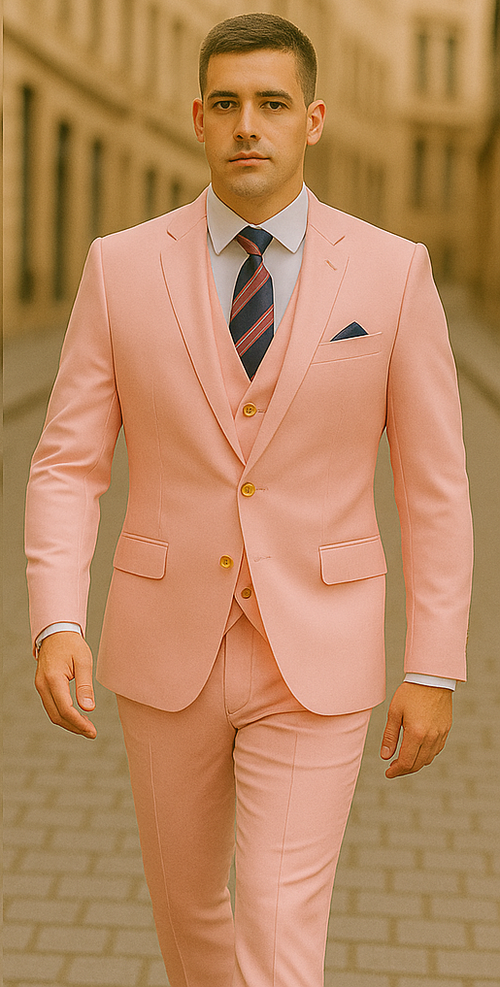 Rossiman Men's Pink Suit â€“ 1-Button Peak Lapel Jacket & Double-Breasted Vest