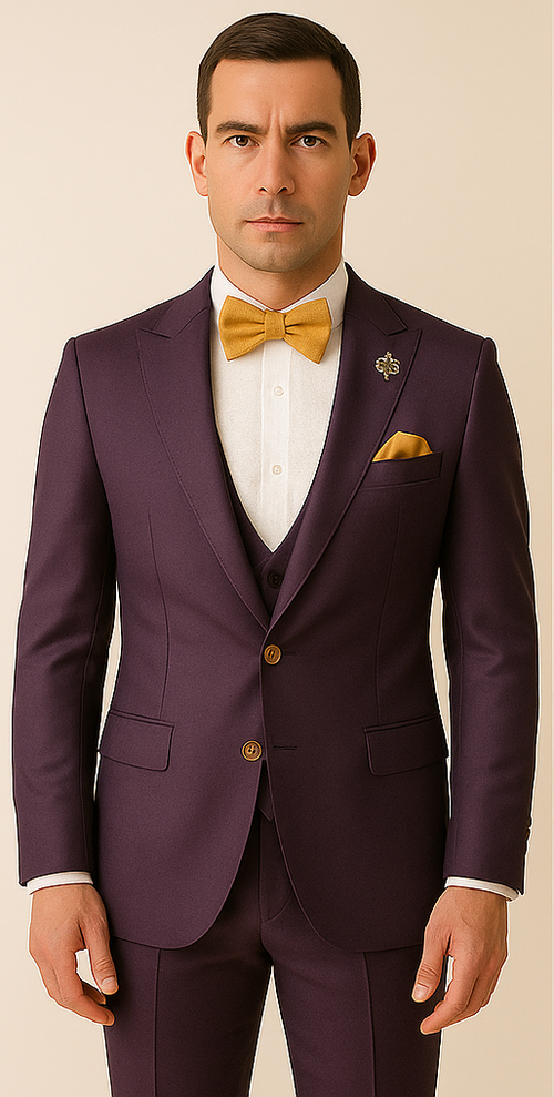 Rossiman Menâ€™s Plum Purple Suit â€“ Gold Buttoned Double-Breasted Elegance