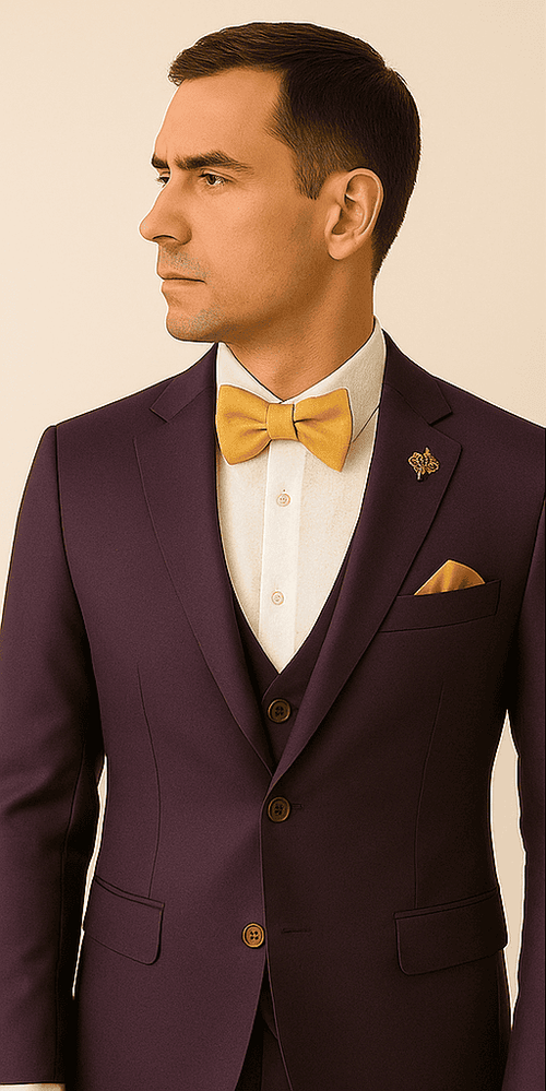 Rossiman Menâ€™s Plum Purple Suit â€“ Gold Buttoned Double-Breasted Elegance
