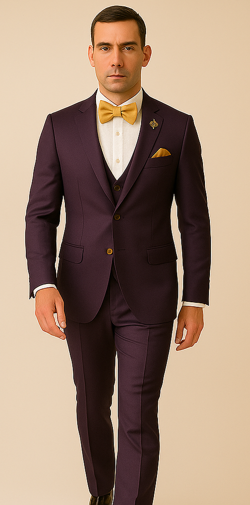 Rossiman Menâ€™s Plum Purple Suit â€“ Gold Buttoned Double-Breasted Elegance