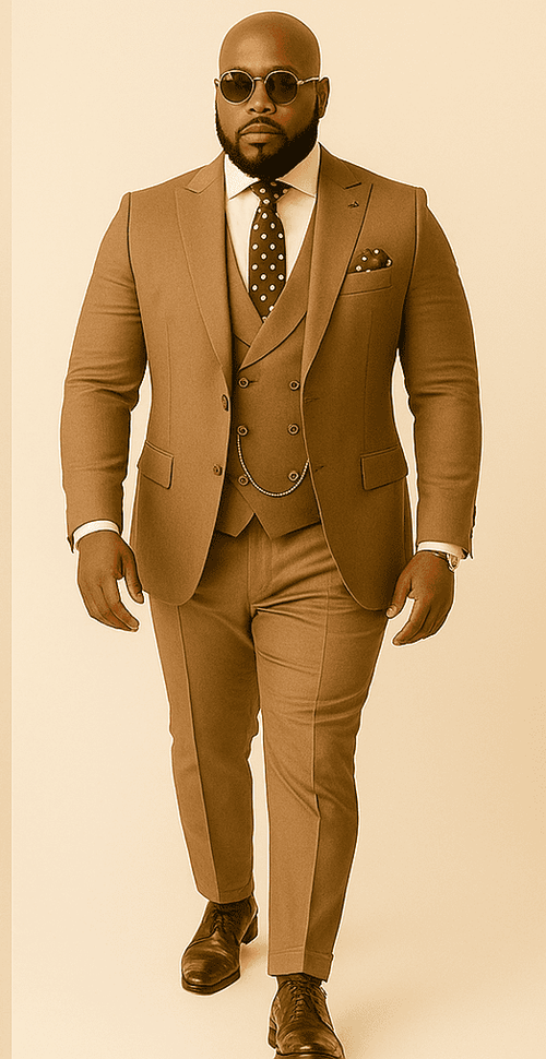 Rossiman Men’s Tan Suit – Gold Buttons & Double-Breasted Vest Elegance