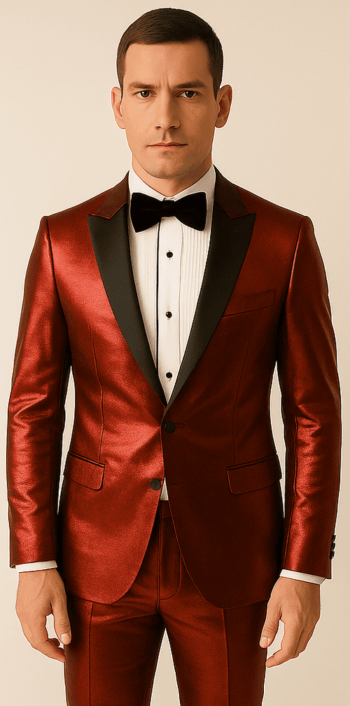 Rossiman Menâ€™s Red Sateen Suit â€“ Glossy Finish Bold Formalwear