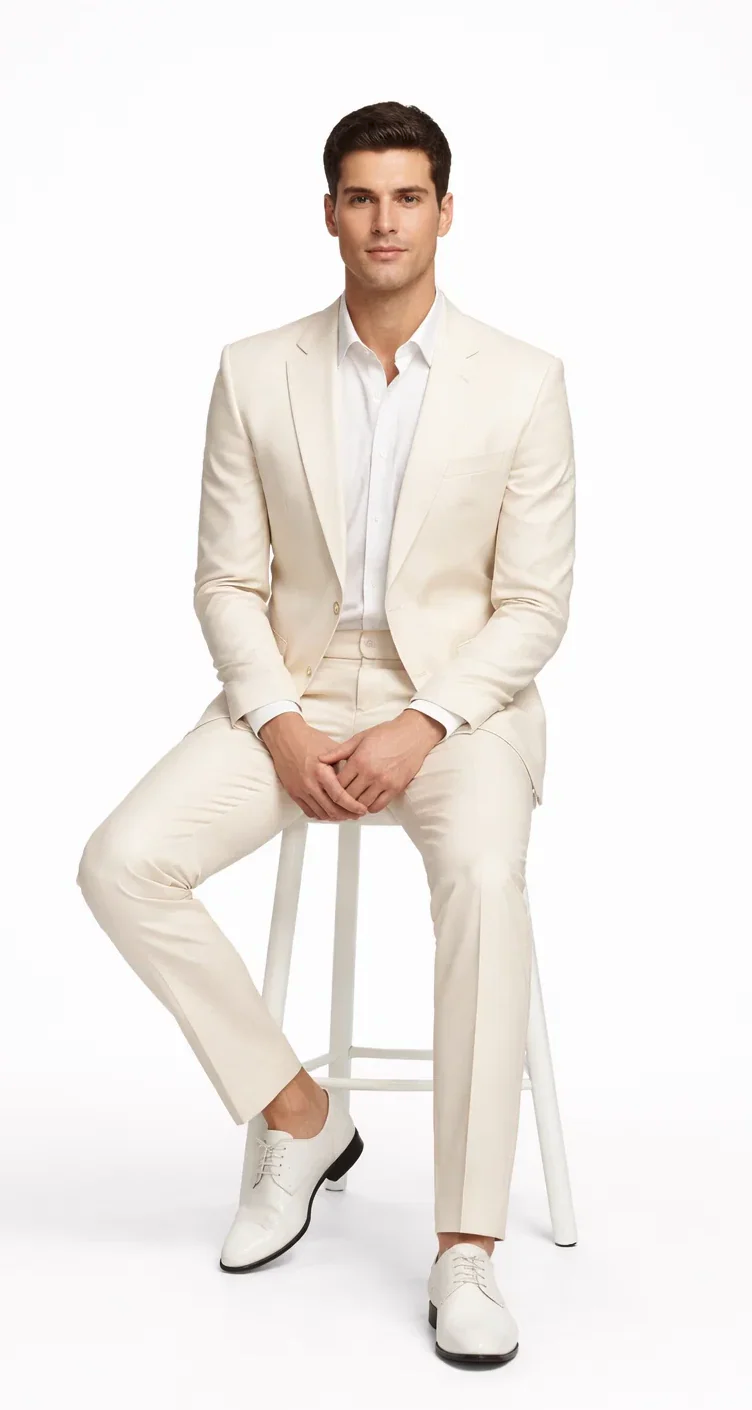 Rossiman Men’s Cream Sateen Suit – Elegant Glossy Formalwear