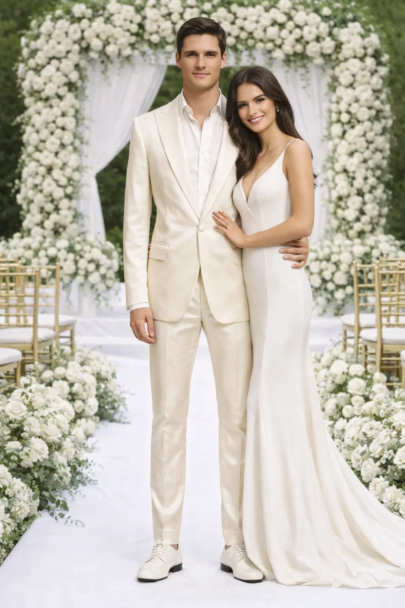 Rossiman Men’s Cream Sateen Suit – Elegant Glossy Formalwear