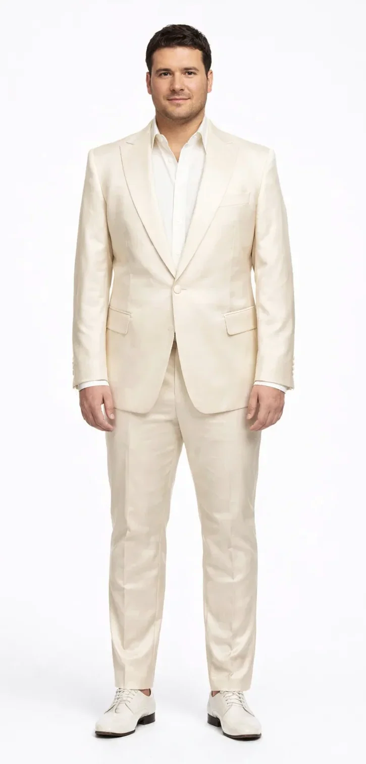 Rossiman Men’s Cream Sateen Suit – Elegant Glossy Formalwear