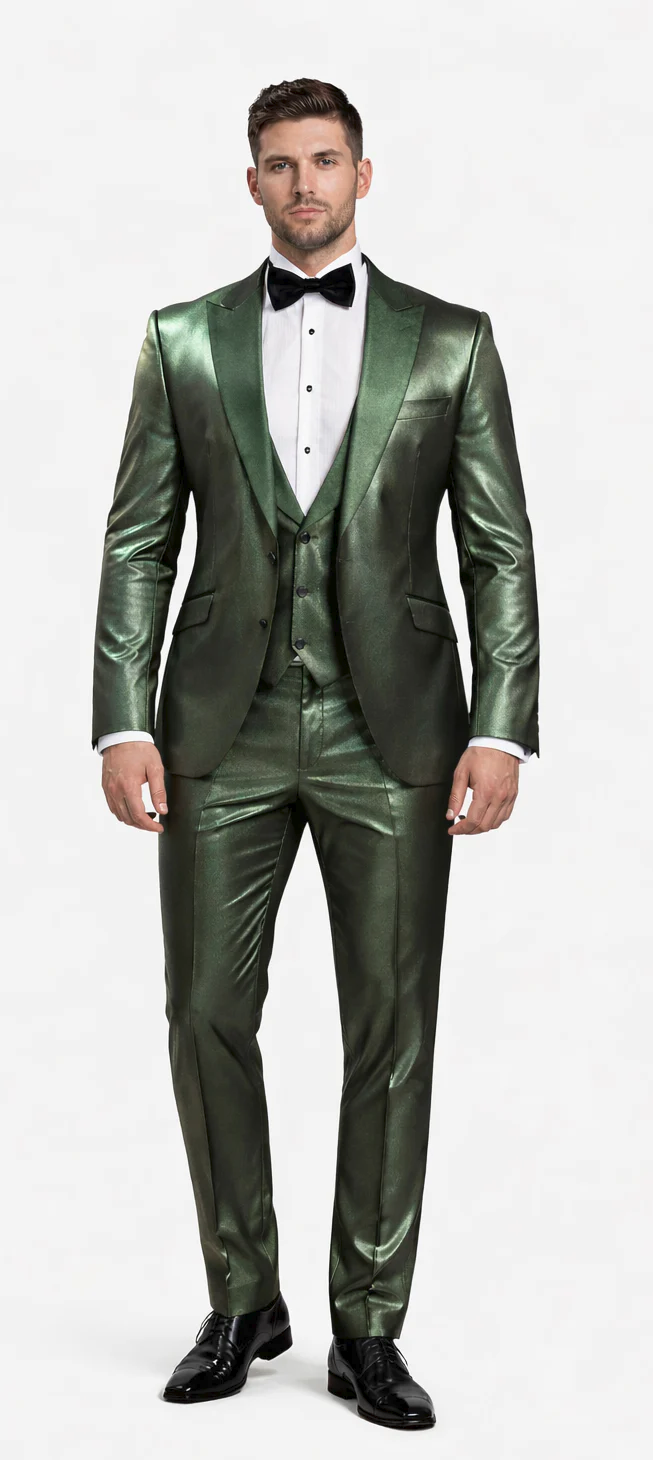 Rossiman Men’s Green Sateen Suit – Glossy Finish with Modern Flair
