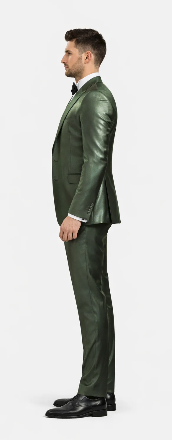 Rossiman Men’s Green Sateen Suit – Glossy Finish with Modern Flair
