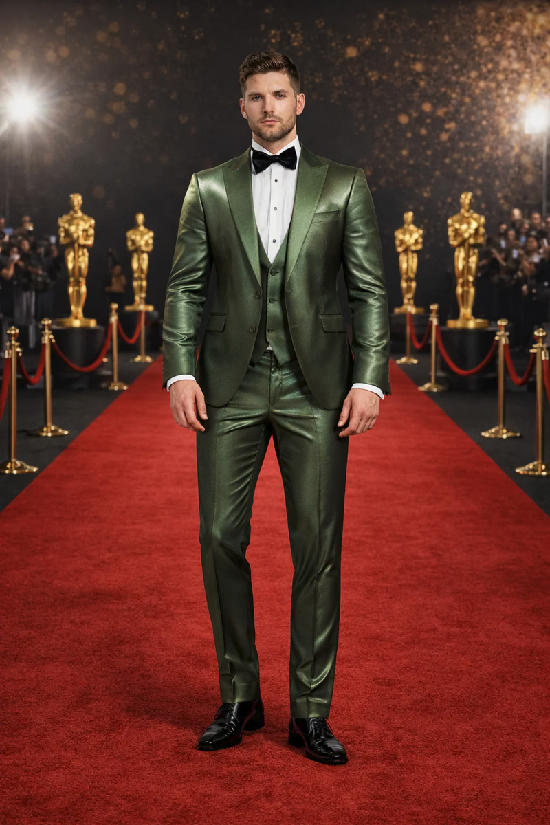 Rossiman Men’s Green Sateen Suit – Glossy Finish with Modern Flair
