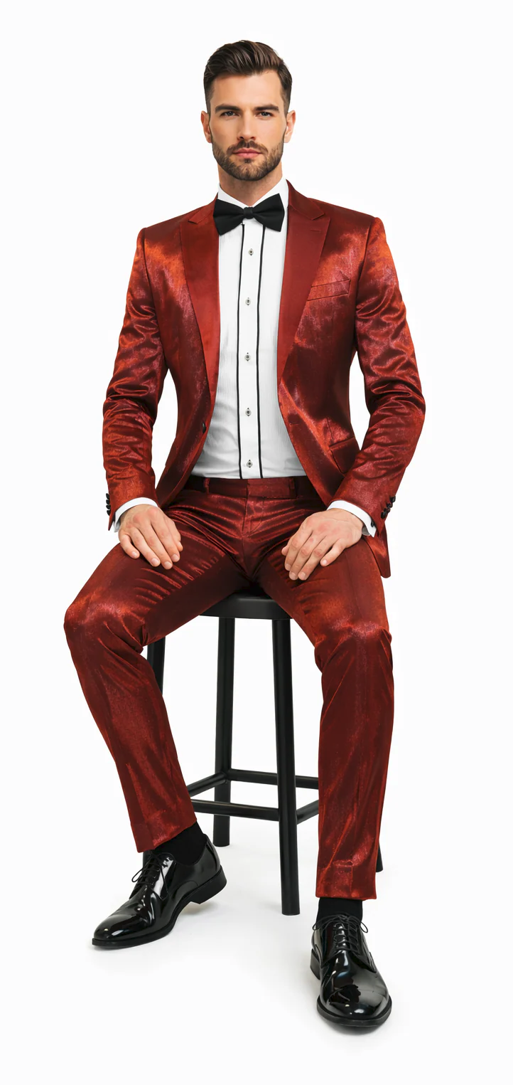 Rossiman Men’s Red Sateen Suit – Glossy Finish Bold Formalwear