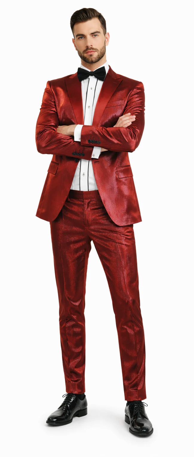 Rossiman Men’s Red Sateen Suit – Glossy Finish Bold Formalwear