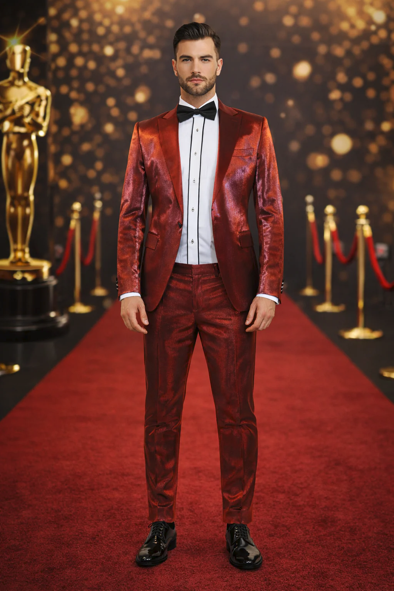 Rossiman Men’s Red Sateen Suit – Glossy Finish Bold Formalwear