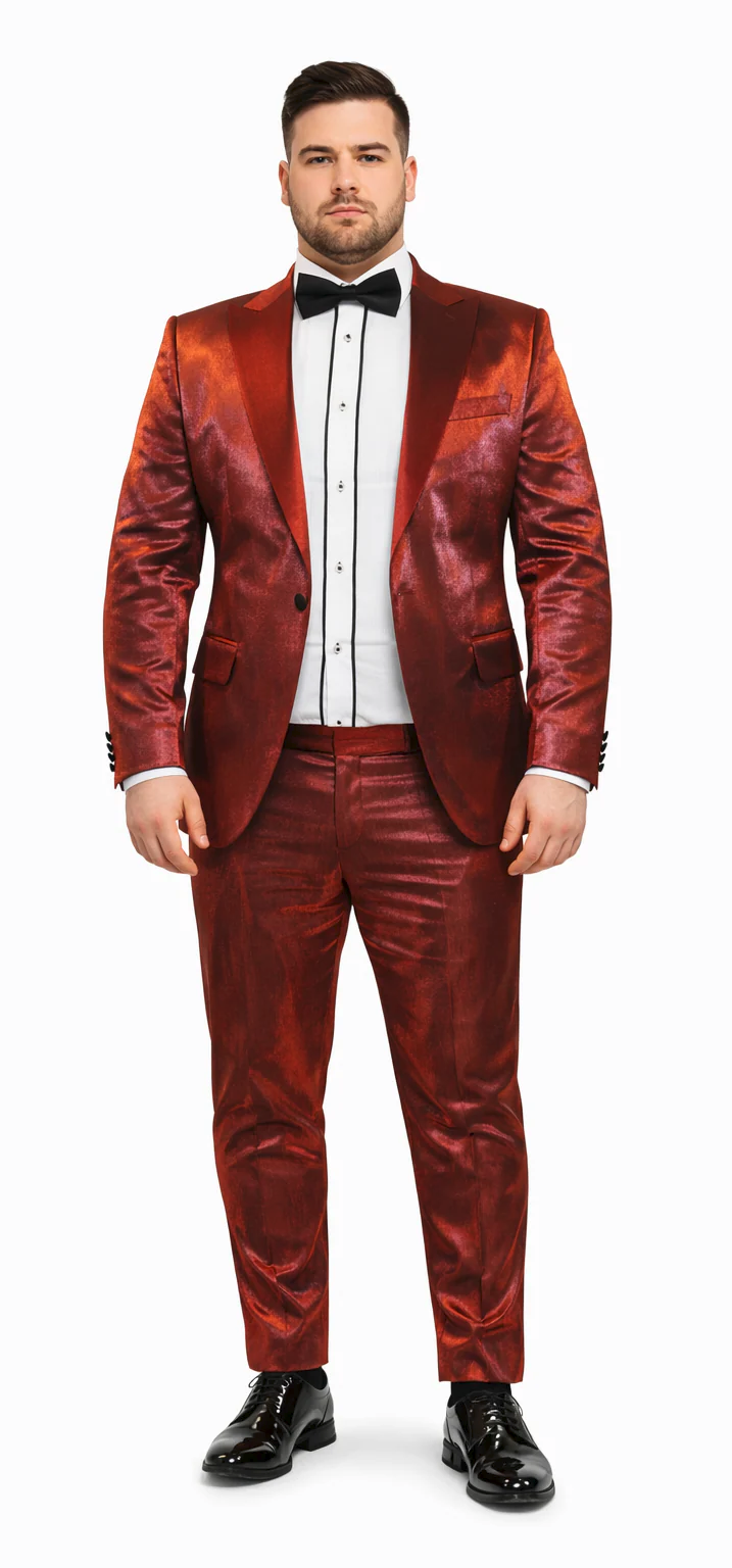 Rossiman Men’s Red Sateen Suit – Glossy Finish Bold Formalwear