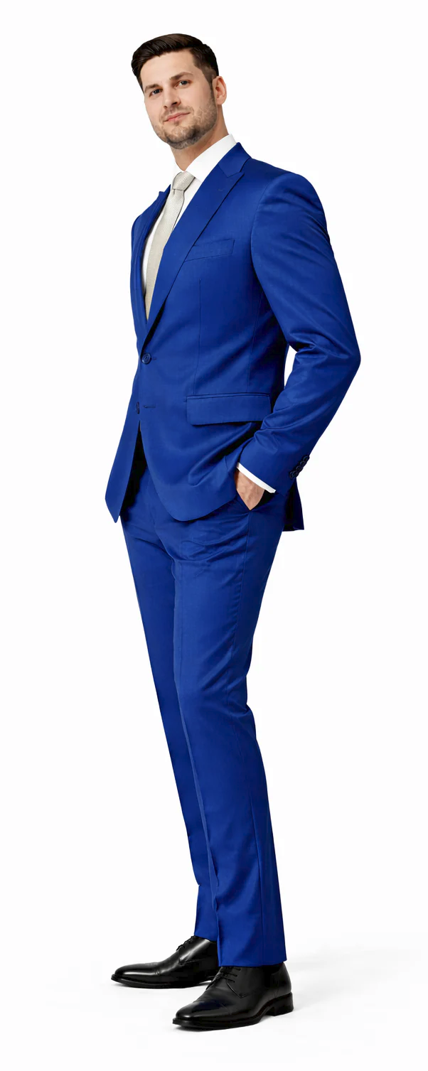 Rossiman Men’s Royal Blue Glossy Sateen Suit – Bold & Refined Look