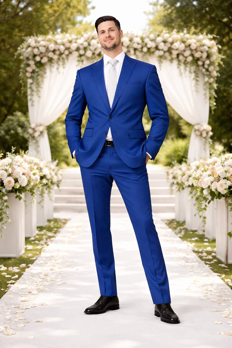 Rossiman Men’s Royal Blue Glossy Sateen Suit – Bold & Refined Look