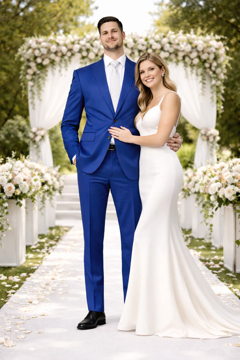 Rossiman Men’s Royal Blue Glossy Sateen Suit – Bold & Refined Look