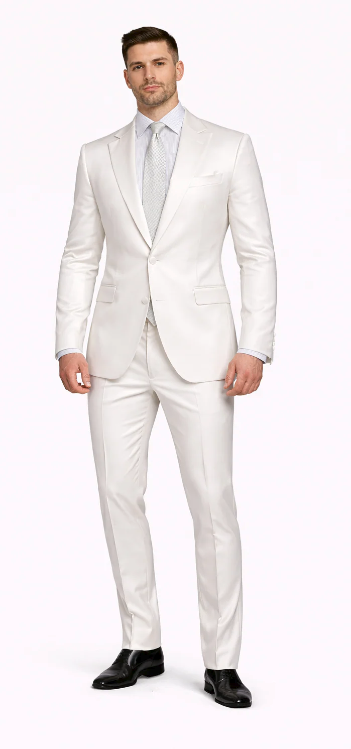 Rossiman White Sateen Suit for Men – High-Shine Formal Elegance