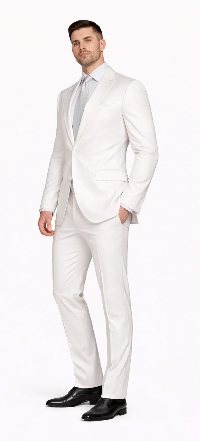 Rossiman White Sateen Suit for Men – High-Shine Formal Elegance