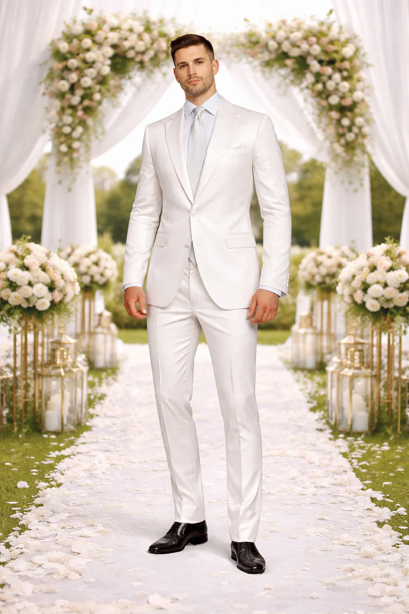 Rossiman White Sateen Suit for Men – High-Shine Formal Elegance