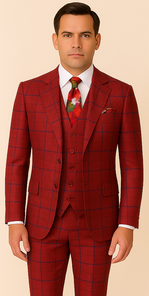 Rossiman Suit â€“ Red & Blue Plaid Windowpane Double-Breasted Suit for Men
