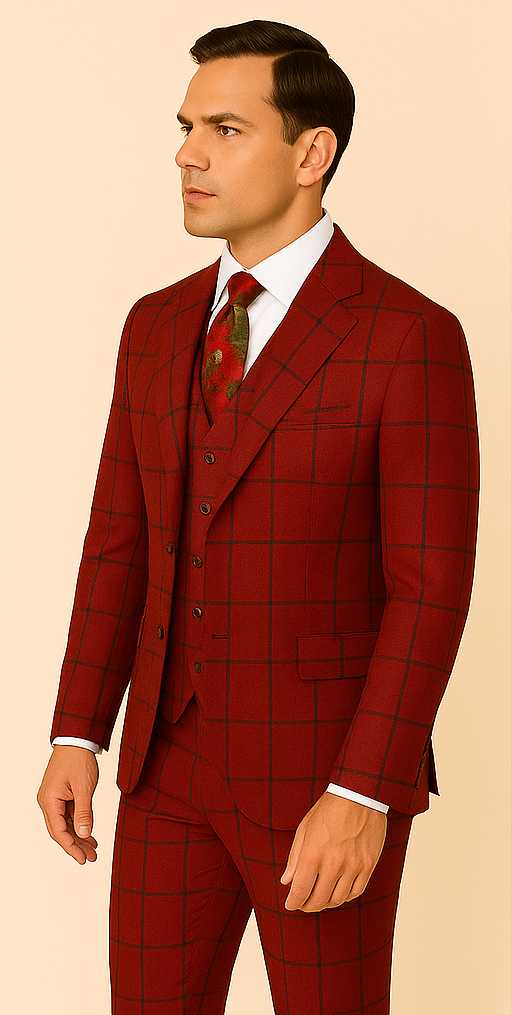 Rossiman Suit â€“ Red & Blue Plaid Windowpane Double-Breasted Suit for Men
