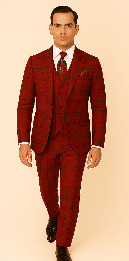Rossiman Suit â€“ Red & Blue Plaid Windowpane Double-Breasted Suit for Men