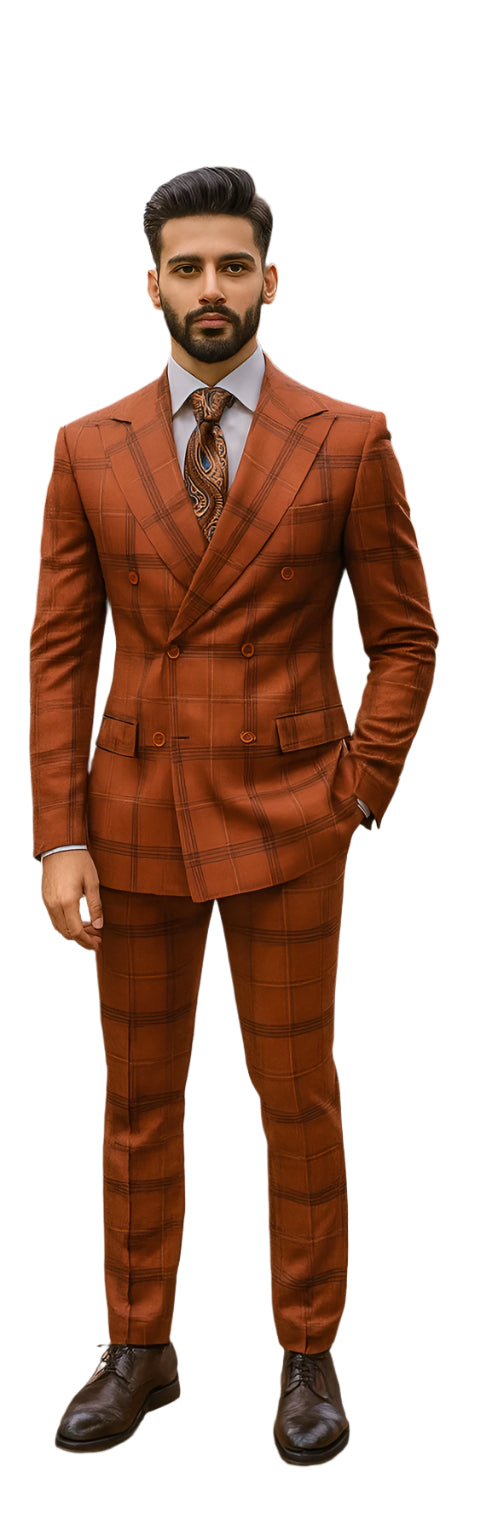 double-breasted orange checkered suit