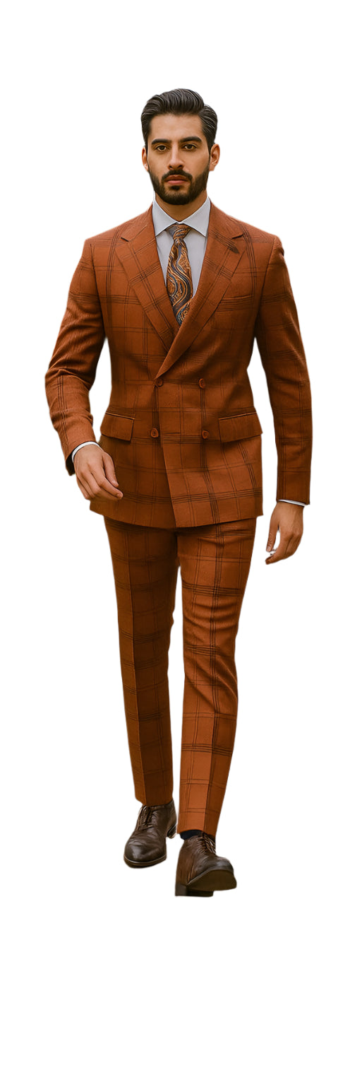rust orange grid pattern formal suit