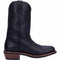 Dan Post Men's Albuquerque cowboy boot. Black leather, 12" round toe, stacked heel. Smooth finish with subtle stitching. Leather sole with contrasting brown heel layer. Pull tab for easy wear.