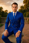 Mens Royal Blue Double-Breasted Suit with Gold Buttons – Slim Fit Formal 2-Piece Set