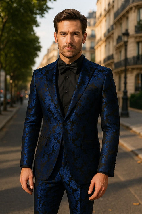 Mens Royal Blue Metallic Floral Suit â€“ Black Background Two Piece Tuxedo Set