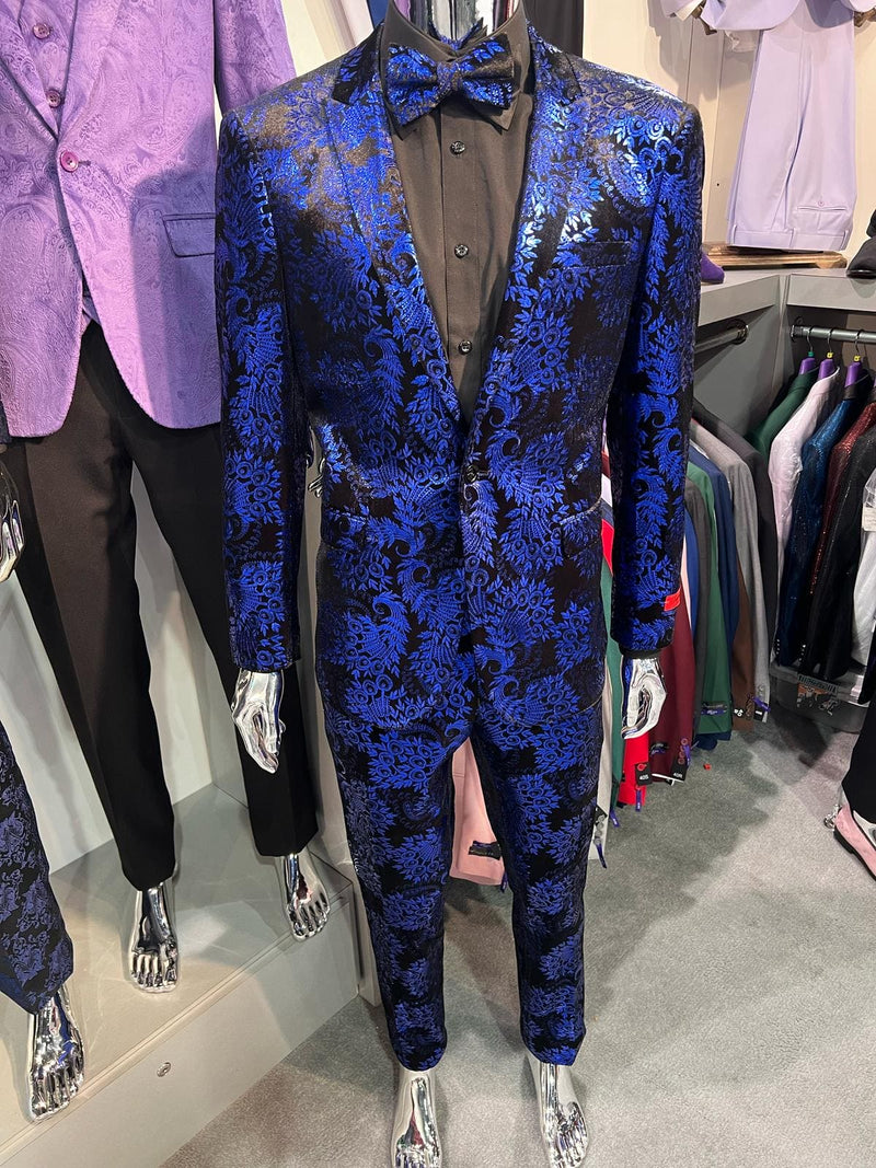 Men’s Royal Blue Metallic Floral Suit – Black Background Two-Piece Set