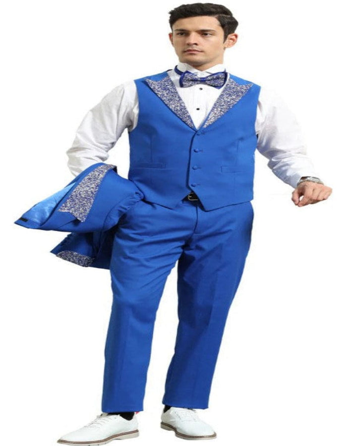 Royal Blue Prom Suit – Perfect Wedding Suit with Vested Rhinestone Lapel