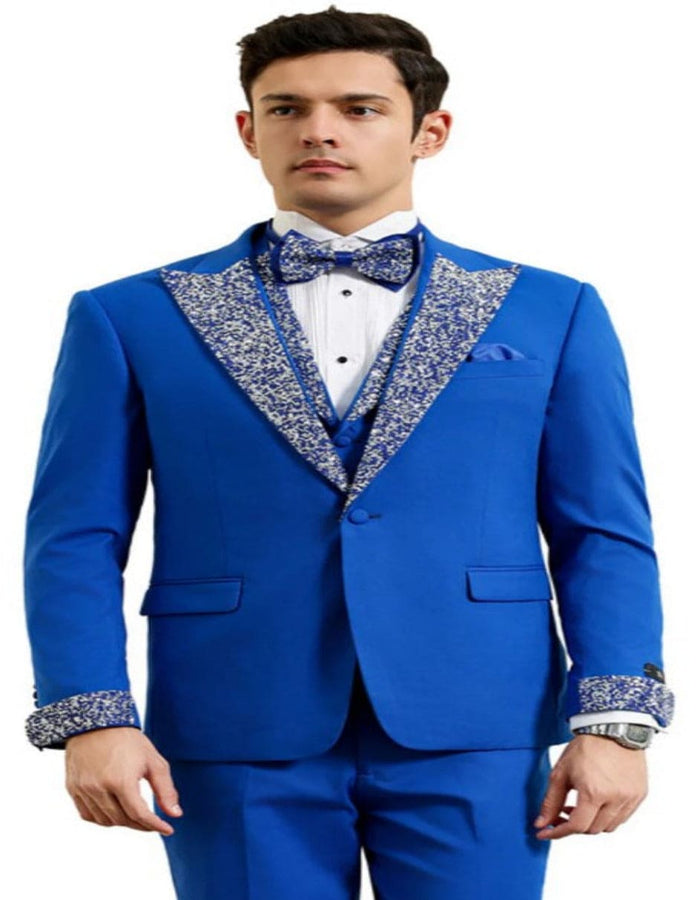 Royal Blue Prom Suit – Perfect Wedding Suit with Vested Rhinestone Lapel