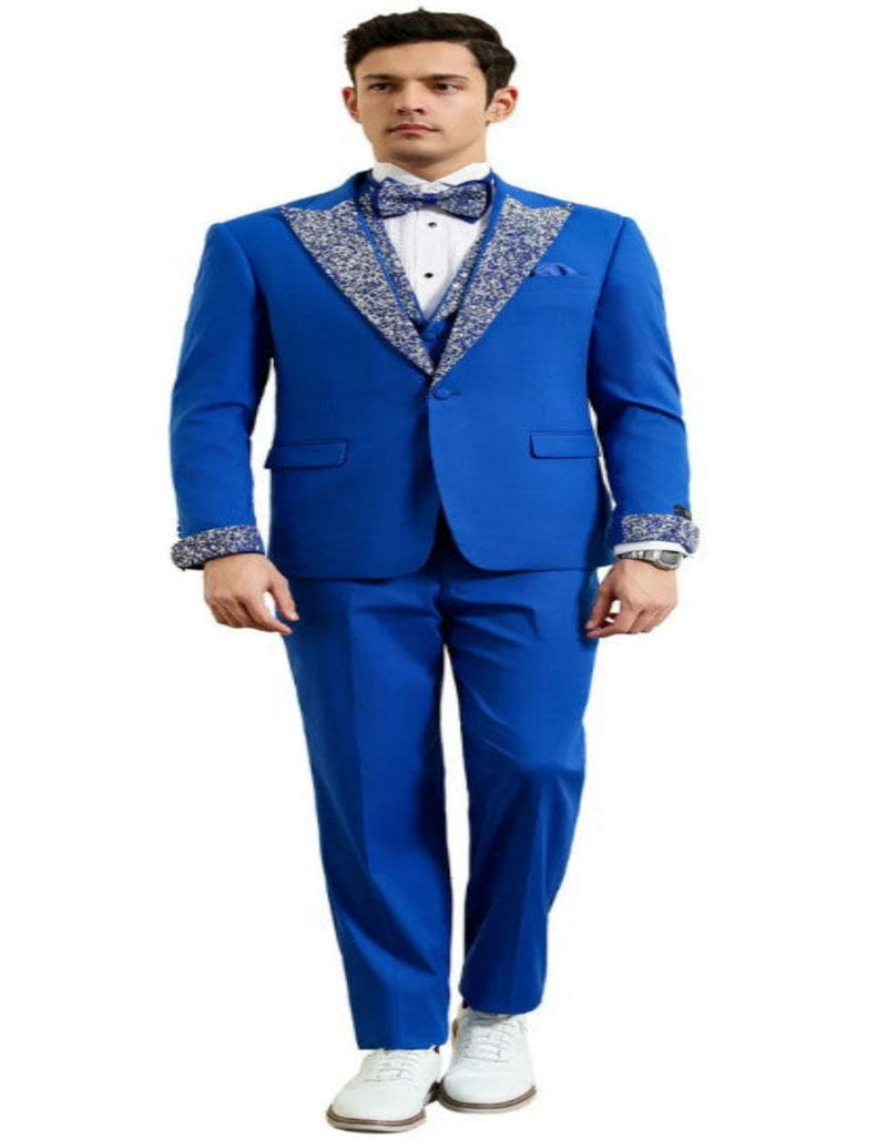 Royal Blue Prom Suit – Perfect Wedding Suit with Vested Rhinestone Lapel