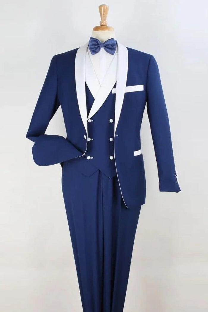 Royal blue tuxedo with white shawl collar & trim, double-breasted vest (5 buttons, white pocket accents) & matching trousers.